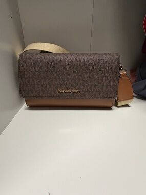 Michael Kors Brown Logo-Print Messenger with Tan Trim